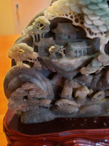 Jade Stone Hand Carved Ancient Mountain Scene