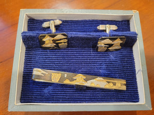 Vintage Japanese Damascene Sterling Silver Tiebar and Cufflinks Set