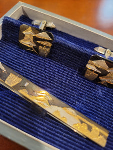 Vintage Japanese Damascene Sterling Silver Tiebar and Cufflinks Set