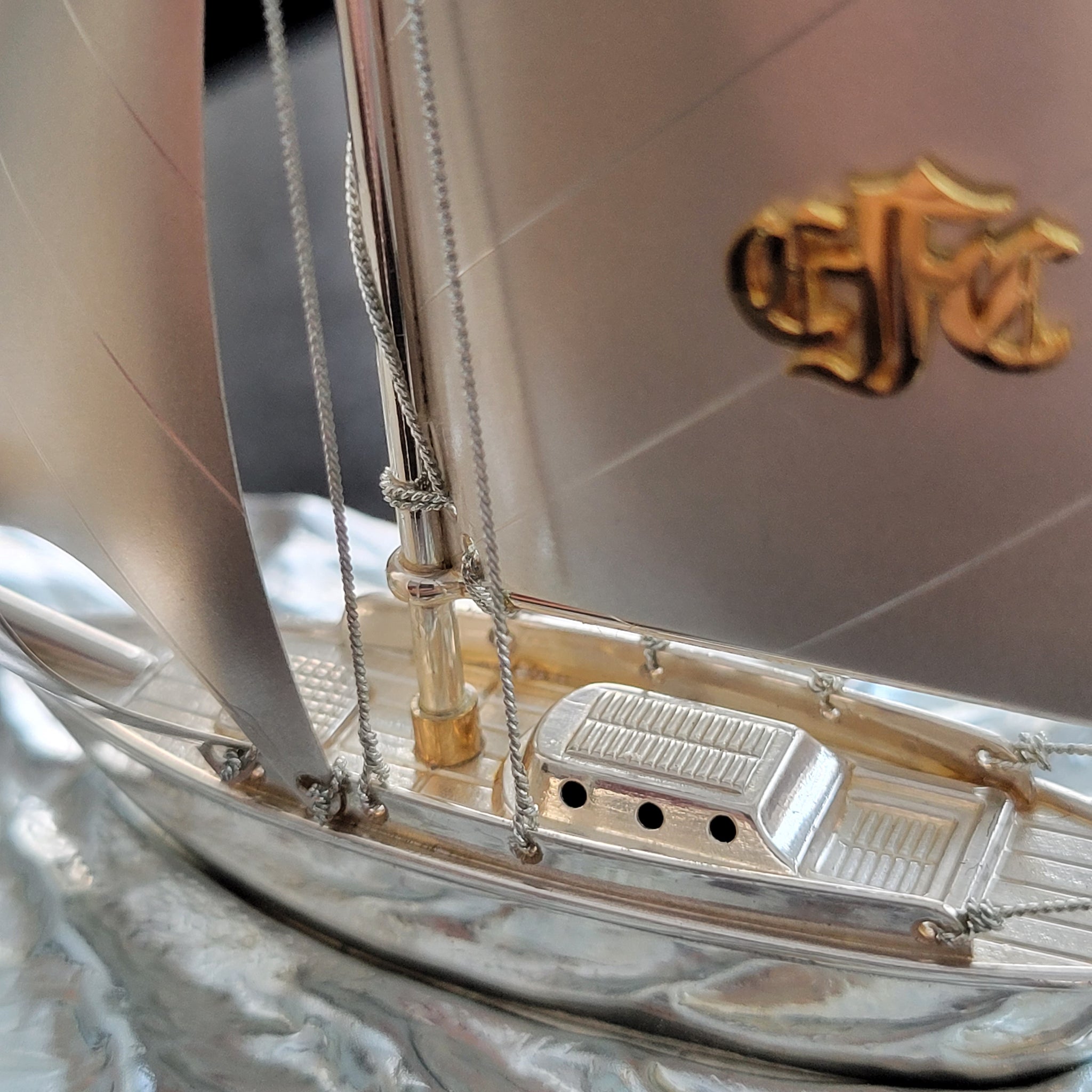 Original Japanese Sterling Silver Sailing Yacht With Gold Gilding