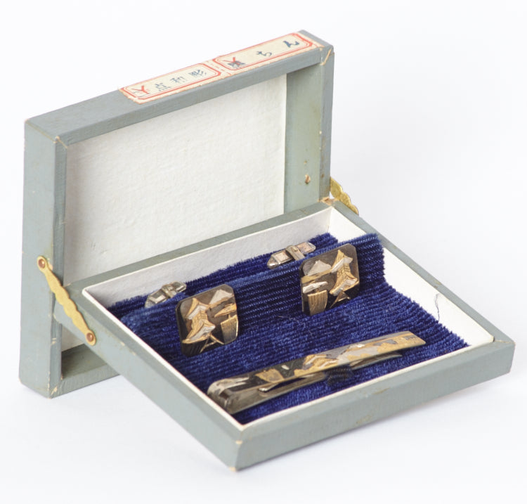 Vintage Japanese Damascene Sterling Silver Tiebar and Cufflinks Set