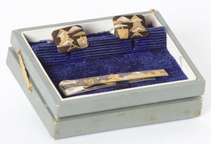 Vintage Japanese Damascene Sterling Silver Tiebar and Cufflinks Set