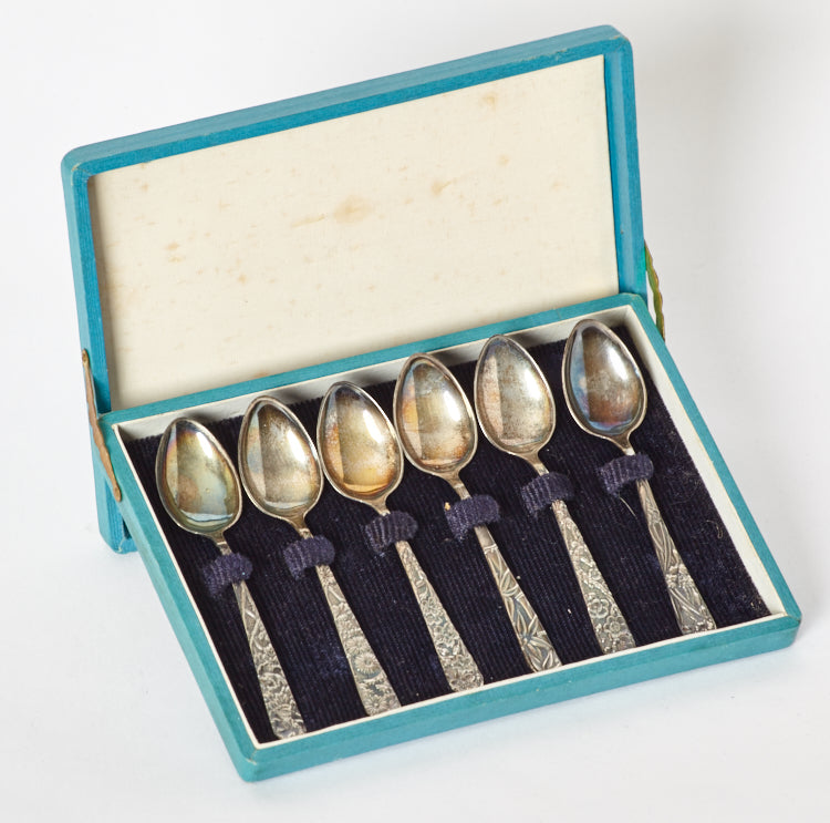 Japanese Floral Style Sterling Silver Demitasse Spoons Set of 6