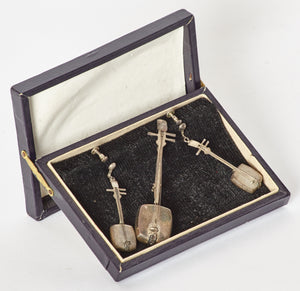 Japanese Sterling Silver Shamisen Earrings and Brooch Set