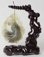 Load image into Gallery viewer, Hand Carved Jade Koi Fish on a Black Ebony Carved Base