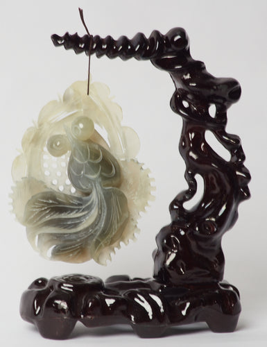 Hand Carved Jade Koi Fish on a Black Ebony Carved Base