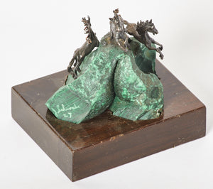 Hand Carved Malachite and Three Silver Horse Statue