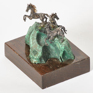 Hand Carved Malachite and Three Silver Horse Statue